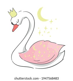 Hand drawn cute swan in a crown fairytale beautiful hand drawn vector illustration print for kids design
