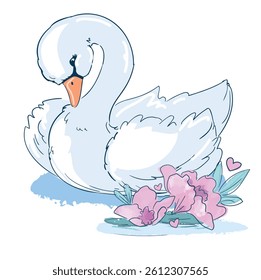 Hand Drawn Cute Swan with Pink Flowers and Hearts Romantic Vector Illustration