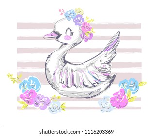 Hand Drawn Cute Swan. Vector Illustration, children print on t-shirt, sketch bird, Dream.