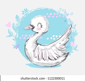 Hand Drawn Cute Swan.  Vector Illustration, print design, children print on t-shirt, sketch bird