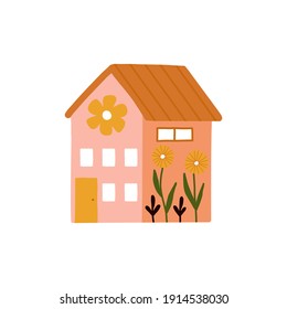 Hand drawn Cute and Sweet little House with flowers illustration