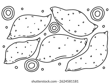 Hand drawn cute sweet potato pattern sketch, diet, background, editable, black ink outline, doodle