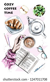 Hand drawn cute table set with teapot, book, eyeglasses, apple half, flowerpot, croissant, pens and hand holding coffee cup. Table with cute things. Stylish flat lay. Sketch. 