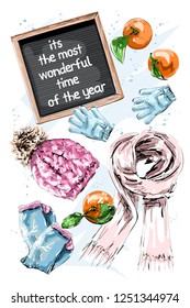 Hand drawn cute table set with mini chalkboard, scarf, gloves, knit cap, socks, mandarins. Stylish flat lay. Sketch.