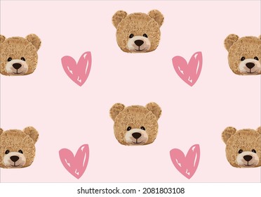 Hand drawn Cute Teddy bear and pink heart background pattern seamless