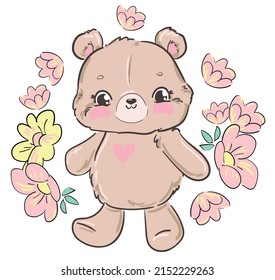 Dibujo manual Cute Teddy Bear y flores Niños imprimir ilustración vectorial 