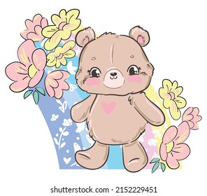 Hand drawn Cute Teddy Bear and flowers Kids print vector illustration 