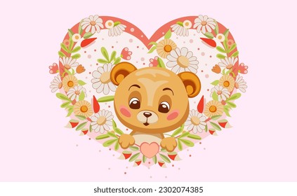 Hand drawn cute teddy bear in floral heart frame in cartoon style  Isolated design element for birthday card  mother's day  valentine's day  baby shower  greeting card   Vector illustration 
