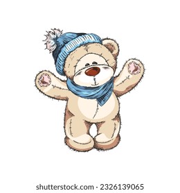 Hand drawn cute teddy bear in blue hat and scarf sketch style, vector illustration isolated on white background. Outlined decorative design element for postcards, cute stitched toy with raised paws