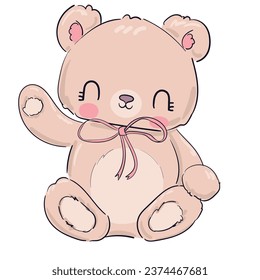 Hand drawn Cute Teddy Bear and pink bow Kids print vector illustration 