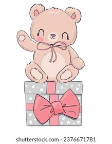 Hand Drawn cute Teddy Bear and gift box and pink Bow vector illustration Valentines Day