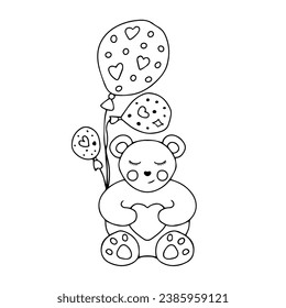 Hand drawn cute teddy bear with three balloons on strings with a pattern of hearts, dots, stars shapes. Doodle Love symbols holiday clipart. Valentine's Day concept. Isolated on white background
