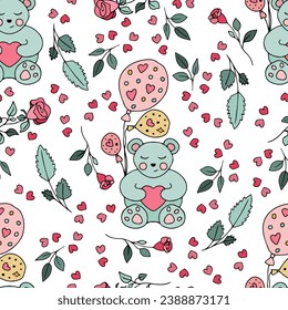 Oso de peluche, globos, flores de rosa con hojas, formas cardíacas patrón sin foco. Coloridos garabatos de símbolos y personajes de amor para San Valentín con fondo blanco
