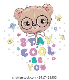 Oso Cute Teddy dibujado a mano con gafas, niños impresos en camiseta, ilustración vectorial