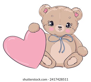 Hand drawn Cute Teddy Bear and pink Heart, vector illustration Valentines day