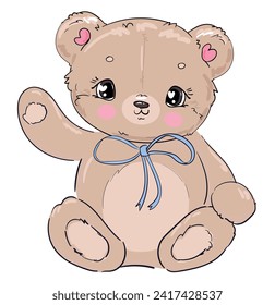 Hand drawn Cute Teddy Bear and blue bow, Kids print vector illustration 