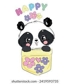 Hand Drawn Cute Teddy Bear sitting in a pocket vector Sketch, Print Design, children print on t-shirt.