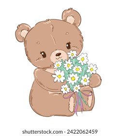 Hand drawn Cute Teddy Bear and flowers Kids print vector illustration 
