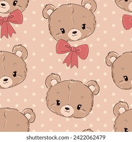 Hand drawn Cute Teddy Bear and bow, Kids print vector illustration 