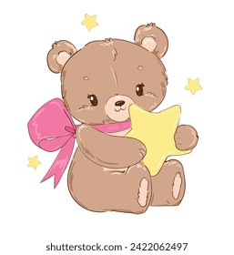 Hand drawn Cute Teddy Bear holds a star in his paws, Kids print vector illustration 