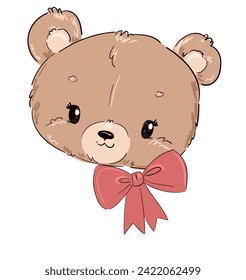 Hand drawn Cute Teddy Bear and bow, Kids print vector illustration 