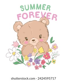 Hand drawn Cute Teddy Bear and flowers Kids print vector illustration 