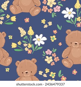 Hand drawn cute teddy bear and flowers blue background seamless pattern vector, design kids Digital print, toy bears illustration