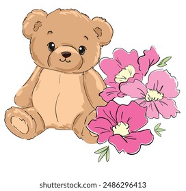 Dibujado a mano lindo osito de peluche y flores Niños imprimir Ilustración vectorial