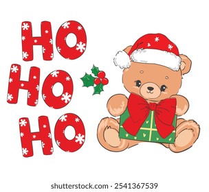 Hand drawn cute teddy bear Celebrating Christmas with Ho Ho Ho vector illustration