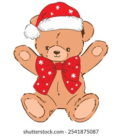 Hand drawn cute teddy bear Christmas vector illustration