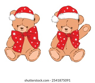 Hand drawn cute teddy bear Christmas vector illustration