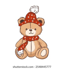 Hand drawn cute teddy bear in red winter hat and scarf ready for the cold season, simple kids design