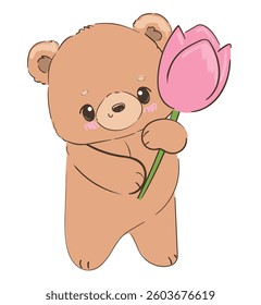Hand Drawn Cute Teddy Bear with Pink Tulip flowers Vector Illustration 