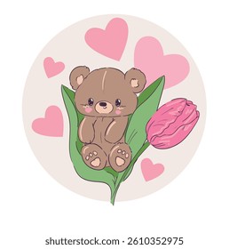 Hand Drawn Cute Teddy Bear with Pink Tulip flowers Vector Illustration 
