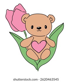 Hand Drawn Cute Teddy Bear with Tulip flowers Vector Illustration 