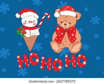 Hand drawn cute teddy bear and Snowman Ice Cream Cone Christmas vector illustration 