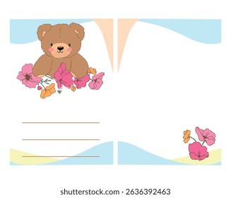 Hand drawn Cute Teddy Bear Postcards for Kids – Floral and Toy Design Set