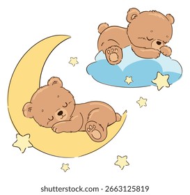 Mão desenhada bonito ursinho de pelúcia dormindo em lua crescente com nuvens e estrelas. Ilustração de bebê vetorial