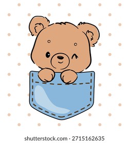 Hand Drawn Cute teddy bear illustration peeking from pocket vector illustration