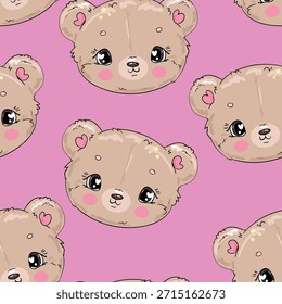 Hand Drawn Cute teddy bear seamless pattern on pink background vector illustration