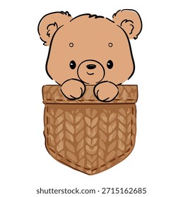 Hand gezeichnet Niedlicher Teddybär Illustration sitzend in gestrickter Tasche Vektorgrafik