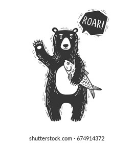 Hand drawn cute teddy bear with fish and handwritten lettering