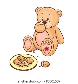 Hand drawn cute Teddy Bear eating cookies.