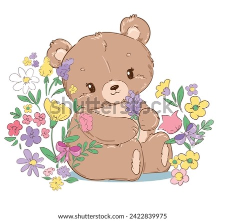 Hand drawn Cute Teddy Bear and flowers Kids print vector illustration 