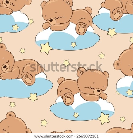 Hand drawn cute teddy bear seamless pattern vector, baby bear sleeping on clouds 
