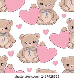 Hand Drawn Cute Teddy Bears and Pink Hearts seamless pattern vector illustration