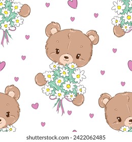 Osos de peluche de corte y flores dibujados a mano ilustración vectorial sin fisuras