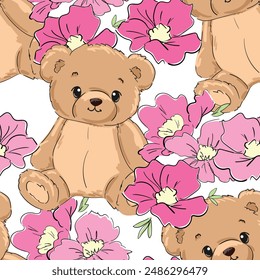 Hand gezeichnet Cute Teddybären und Blumen nahtlose Muster Vektorillustration