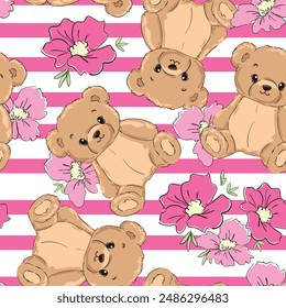 Dibujado a mano lindo ositos de peluche y flores sin patrón de Ilustración vectorial