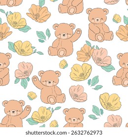 Dibujado a mano lindo ositos de peluche y flores sin patrón de Ilustración vectorial